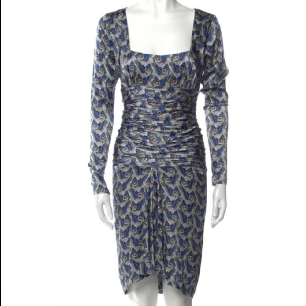 Thomas Wylde silk dress size small blue geometric print midi long sleeve bird